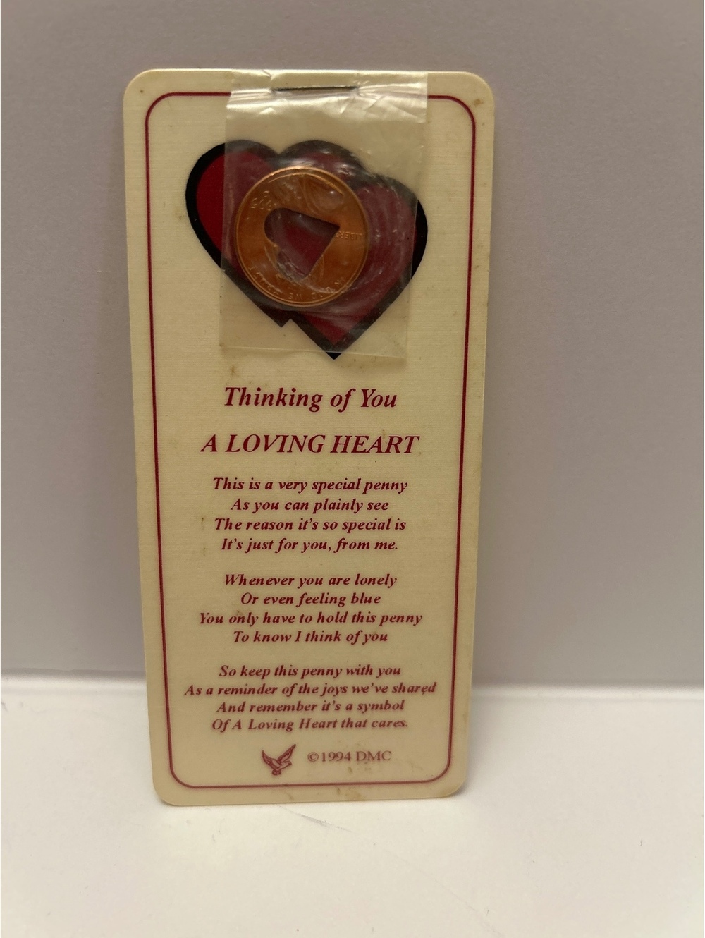 Vintage 1994 DMC Loving Heart Special Penny Card with 1995 Lincoln Penny